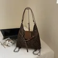 Large leopard print tote bag with brown leather trim and silver chain detailing - Green Without Pendant