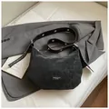 Chic black frosted crescent crossbody bag with retro texture and silver eyelet strap - No Pendant / Black