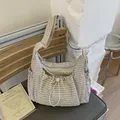 Beige and white checkered nylon tote bag with drawstring pocket and wide shoulder strap - White