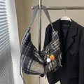 Large plaid wool hobo bag in grey-white patchwork with baseball keychain charm - Plaid With Pendant