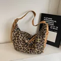 Plush leopard print hobo bag with adjustable brown shoulder strap and silver hardware - Leopard Without Pendant
