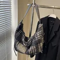 Chic black and grey wool blend plaid tote bag with wide strap and drawstring details - Plaid Without Pendant