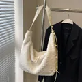 Large white faux shearling hobo bag with wide leather strap and drawstring detail - Off-white Without Pendant