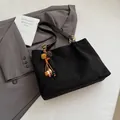Black suede tote bag with floral embroidery and colorful beaded tassel charm - With Pendant / Black