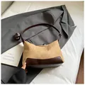 Retro khaki suede and brown leather patchwork baguette shoulder bag for women - Khaki (No Pendant)