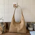 Minimalist light brown hobo tote bag in soft faux suede with large capacity design - Khaki