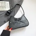 Black retro bow underarm bag in premium PU leather with silver rivets and dual straps - Black