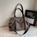 Vintage large capacity canvas tote bag in taupe with brown leather handles and strap - Gray