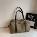 Army green large tote bag with brown leather handles and premium matte finish canvas - Green