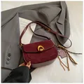 Retro burgundy square crossbody bag with gold horseshoe buckle and bear pendant - Wine Red with Pendant