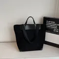 Minimalist black corduroy tote bag with leather straps and reinforced corners - Black
