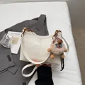 Cream white faux leather crescent bag with adjustable strap and cute plush charm - With Pendant / Off White
