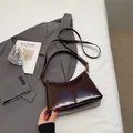 Minimalist dark brown glossy leather tote bag with vintage shoulder strap and retro texture - No Pendant / Brown