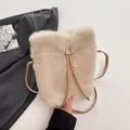 Beige faux fur bucket bag with Fu character drawstring and brown leather strap - Milk Tea