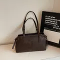 Minimalist vintage dark brown tote bag in glossy leather finish with drawstring detail - Brown