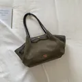 Minimalist vintage olive green tote bag in matte suede leather with black handles - Green