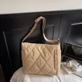 Quilted beige puffer crossbody bag with diamond stitching and adjustable wide strap - Khaki