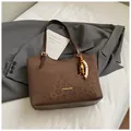 Brown leopard print oil wax leather tote bag with wood bead tassel and gold lettering - Coffee With Pendant