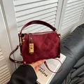 Burgundy square quilted crossbody bag with gold hardware and patent leather trim - Red