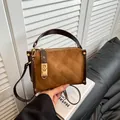Caramel brown square handbag in suede and faux leather with gold hardware detail - Yellow Brown
