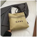 Khaki canvas bucket bag with black stripes and QZBG letter print for casual style - Khaki