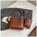 Brown vintage hobo tote bag set with matching inner pouch and plush bear charm - Brown with Pendant