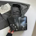 Retro black wrinkled leather shoulder bag with silver rivet details and wide handle - Black