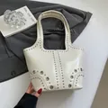 Retro cream white shoulder bag with silver eyelets and studs in Y2K motorcycle style - White