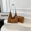 Brown leather large tote and small zipper clutch set with adjustable shoulder strap - Brown