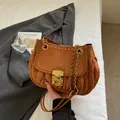 Vintage brown pleated crossbody bag with chain strap and metallic buckle closure - Brown