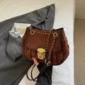 Vintage brown pleated crossbody bag in suede finish with golden buckle and chain strap - Brown