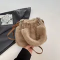 Fashionable brown plush faux fur pleated bucket bag with a crossbody strap for women - Khaki