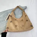 Brown hollow-out suede tote bag with floral patterns in retro minimalist style - Khaki