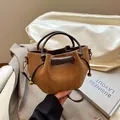 Minimalist brown suede bucket bag with leather handle and drawstring for women - Suede Brown