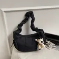 Minimalist black cloud shoulder bag with ruffled strap and cute plush puppy charm - With Charm / Black