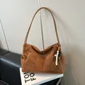Brown leopard-print style suede tote bag with leather strap and beaded charm - Brown with Pendant