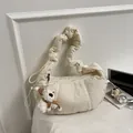 Beige quilted cloud bag with puffy ruffles, scrunchie strap and cute bear charm - With Charm / Off White