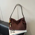 Brown suede shoulder tote bag with MIAOSHE embossed logo and colorful beaded tassel charm - Coffee With Pendant
