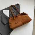 Caramel brown frosted faux suede tote bag with long straps in a vintage minimalist style - Brown