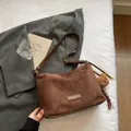 Brown vintage large tote bag in suede texture with bear charm and leather bottom - Coffee With Charms