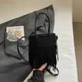 Retro black fringe crossbody bag with matte finish and long tassels for women - Black