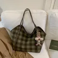 Green and brown plaid tweed tote bag with adjustable handles and a plush rabbit charm - Green Checkered With Charm