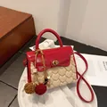 Red and beige plush square bag with heart pattern and furry ball charm - Red with Pendant