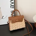 Brown leather and beige plush crossbody handbag with a golden rotary clasp design - Brown No Pendant