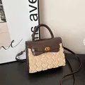 Retro brown and beige faux fur heart embossed mini square handbag with gold lock - Brown No Pendant