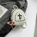White mini backpack with metal studs and gothic cross pendant in durable synthetic leather - White