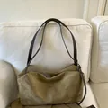 Large olive green suede tote bag with slim leather straps for daily commute - Khaki