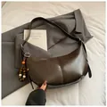 Vintage dark brown crescent hobo bag in glossy leather with colorful wooden bead tassel - With Pendant / Coffee
