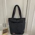 Minimalist black quilted tote bag with wide shoulder straps and brand logo detail - No Pendant / Black