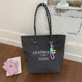 Black and white checkered canvas tote bag with contrast woven handles and star charm - With Pendant / Black